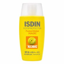 کرم ضد آفتاب بی رنگ صورت ایزدین SPF 50 مدل Fusion Water Magic Alcaraz ‌محافظ در برابر اشعه UVA و UVB مناسب برای انواع پوست حجم 50 میلی‌لیتر