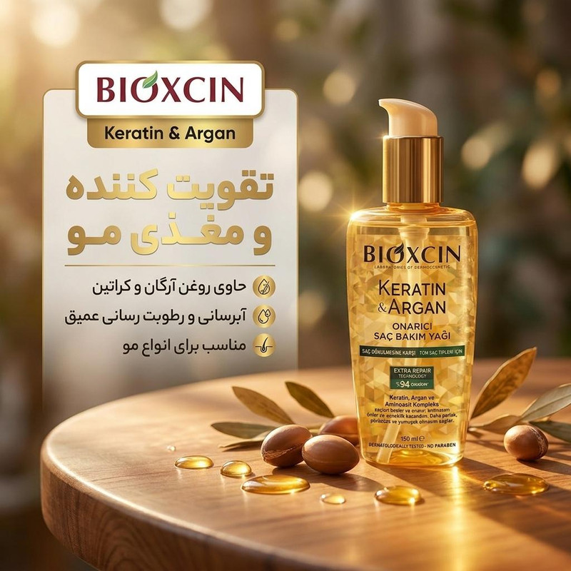 روغن آرگان تقویت کننده مو بیوکسین مدل Keratin مناسب برای انواع مو حجم 150 میلی‌لیتر