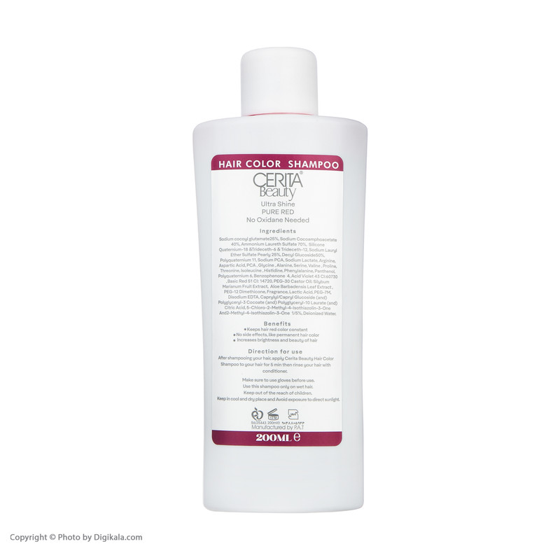 شامپو رنگساژ مو سریتا مدل Pure Red حجم 200 میلی‌لیتر، تثبیت‌کننده رنگ مو، درخشان‌کننده، حالت‌دهنده، حاوی عصاره آلوئه ورا، مناسب برای انواع مو، مخصوص خانم‌ها