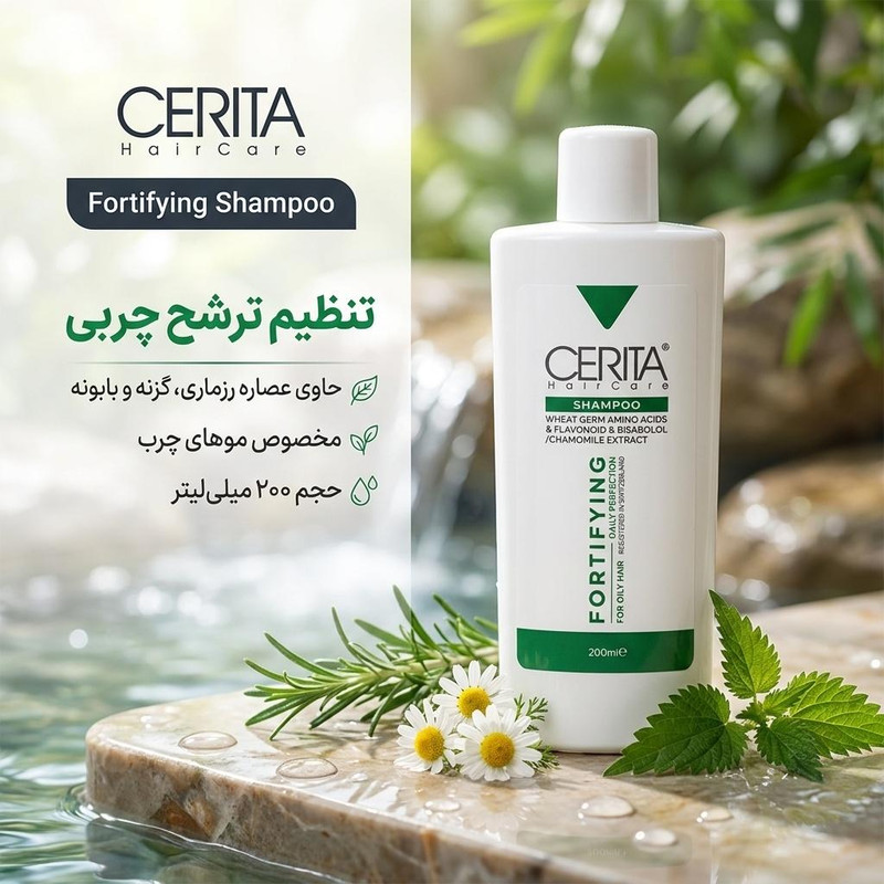 شامپو تقویت‌کننده مو سریتا مخصوص موهای چرب، حجم 200 میلی‌لیتر مدل Fortifying، تنظیم ترشح چربی با عصاره رزماری، گزنه و بابونه
