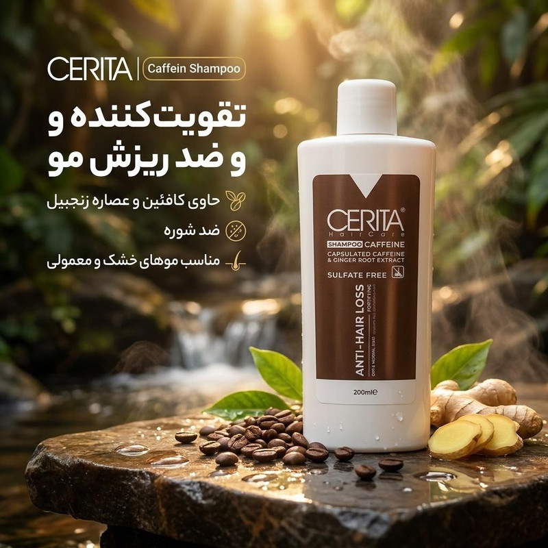شامپو تقویت کننده و ضد ریزش مو سریتا مدل Caffein، سازگار با موهای خشک و نرمال، ضد شوره، حجم 200 میلی‌لیتر